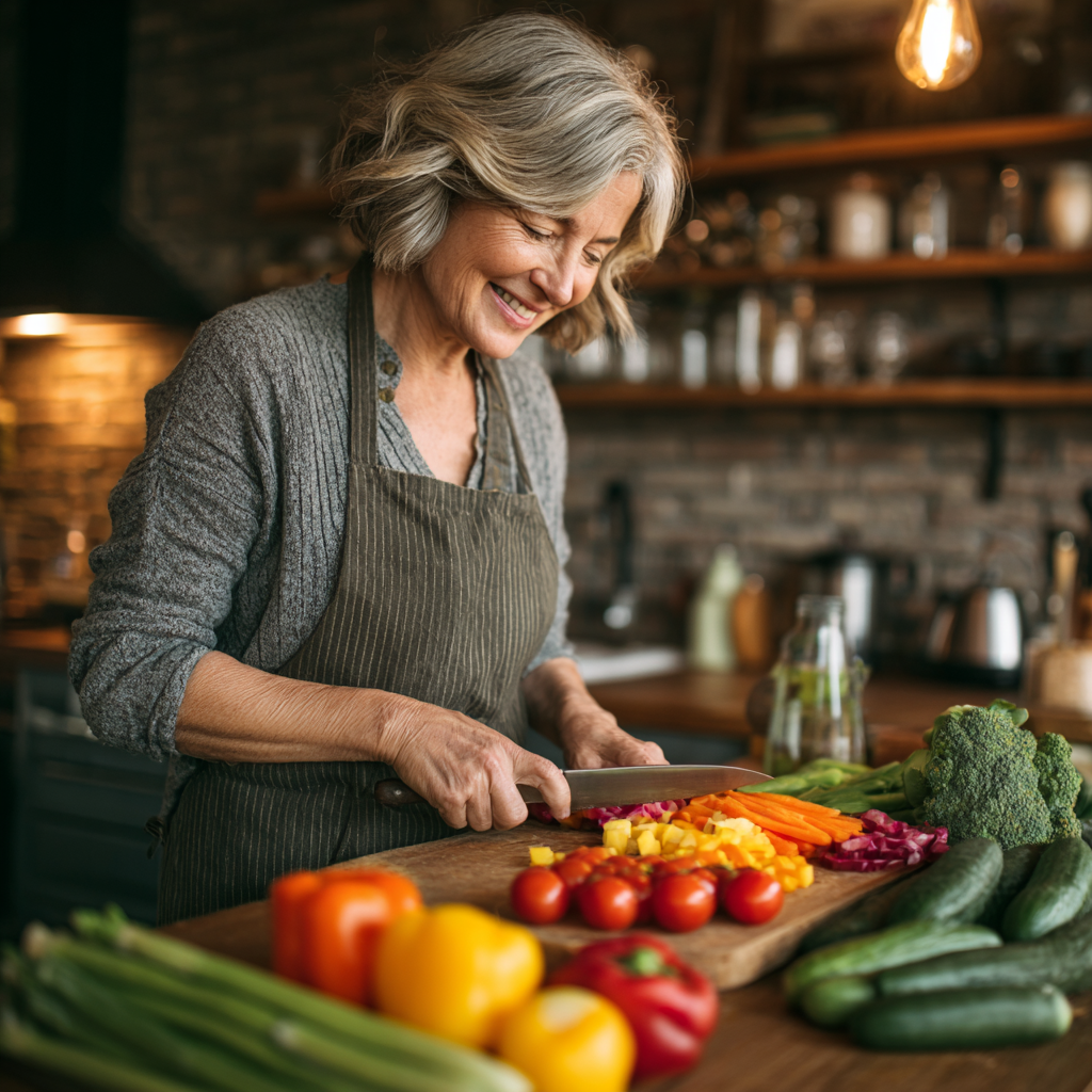 Healthy middle-aged woman in her 50s preparing nutritious vegetables in a modern kitchen, smiling while chopping colorful fresh produce on a wooden cutting board