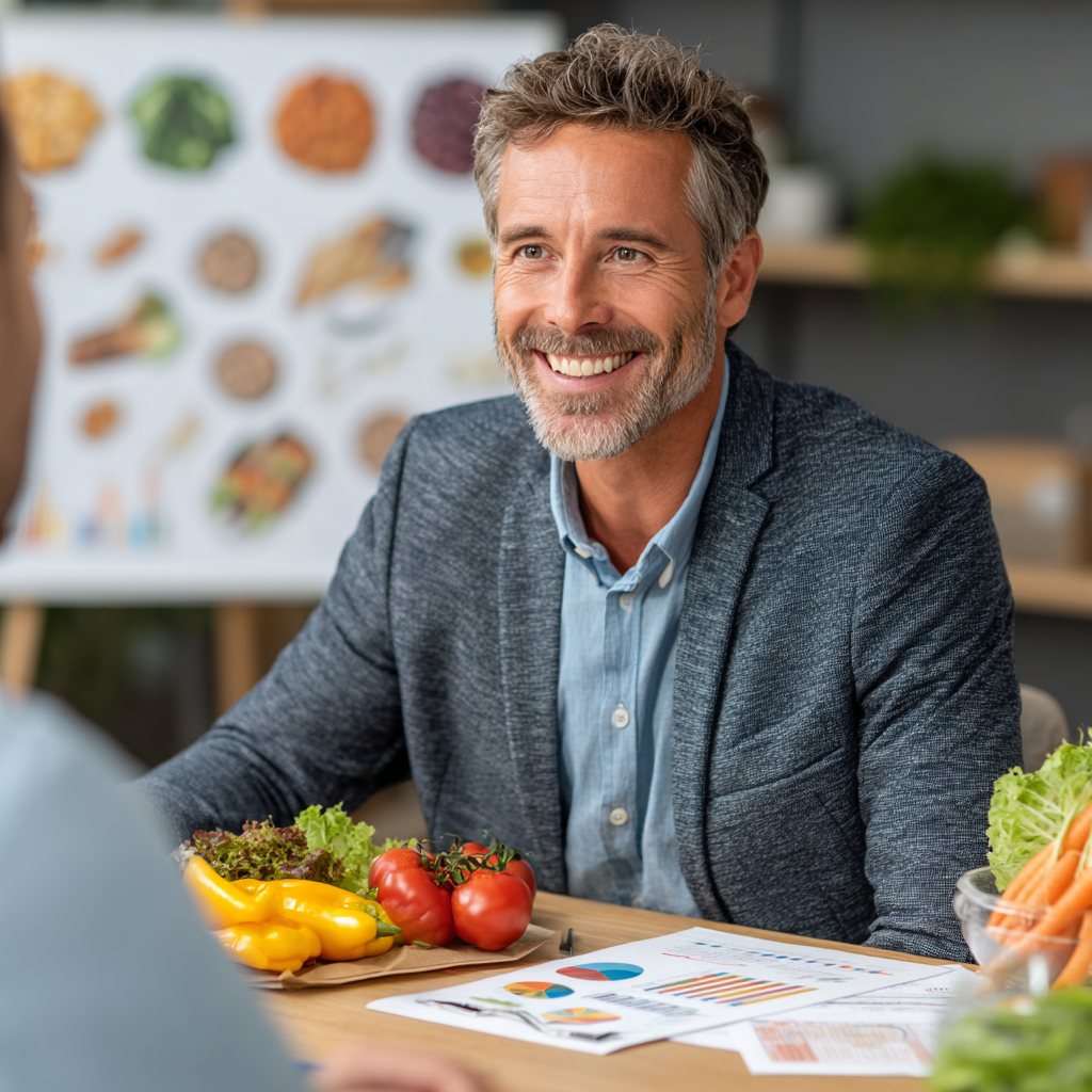 Professional nutritionist man in his 40s consulting with a client, sitting at a clean modern desk with healthy food samples and nutrition charts, wearing a friendly smile and business casual attire